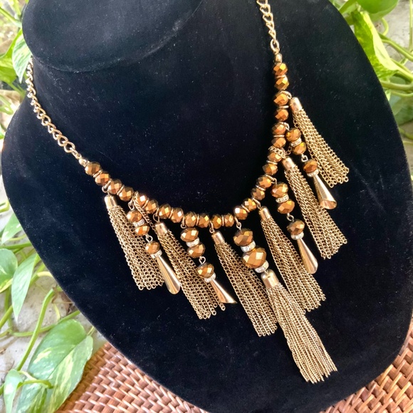 Two Stunning Golden Bronze NECKLACES Gold TASSEL  ⭐️GLASS FACETED BEAD - Picture 7 of 17